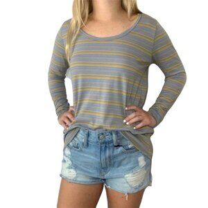 LuLaRoe Lynnae Tee Striped Long Sleeve Blue Yellow Curved Hem Scoop Neck Size XS